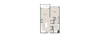 A floor plan of an apartment with a living room, kitchen, bathroom, and bedroom.