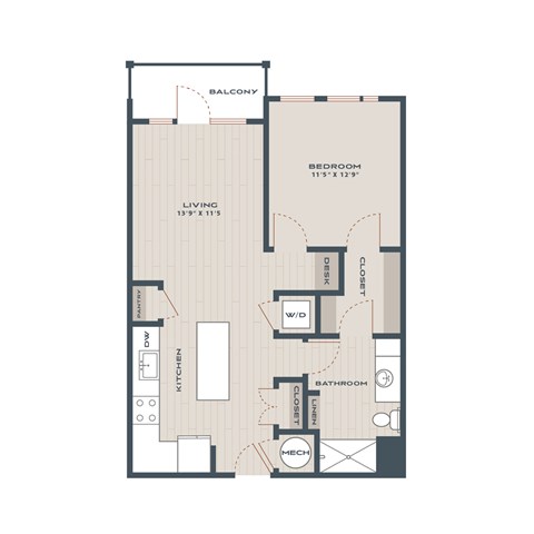 A floor plan of an apartment with a living room, kitchen, bathroom, and bedroom.