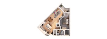 A top-down view of a small apartment with a kitchen, living room, and bathroom.