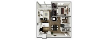 A top-down view of a small apartment with a kitchen, living room, and bathroom.