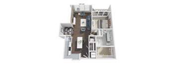 a stylized 3d floor plan with a bedroom and living room