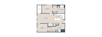 A floor plan of a house with a living room, kitchen, and three bedrooms.