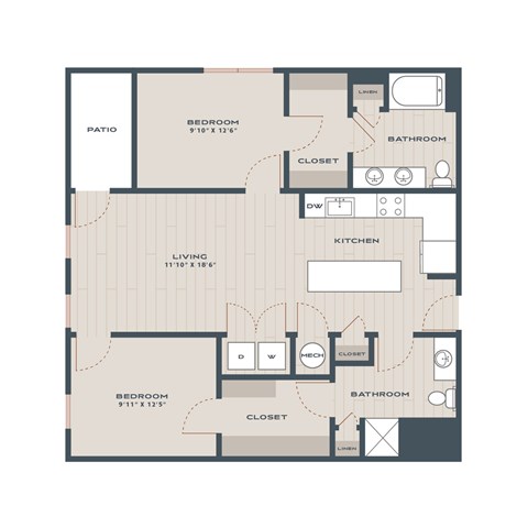 A floor plan of a house with a living room, kitchen, and three bedrooms.