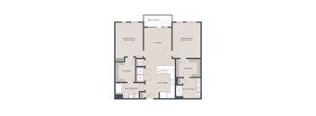 A floor plan of an apartment with two bedrooms, a living room, a kitchen, a bathroom, a closet, a desk, and a heating system.