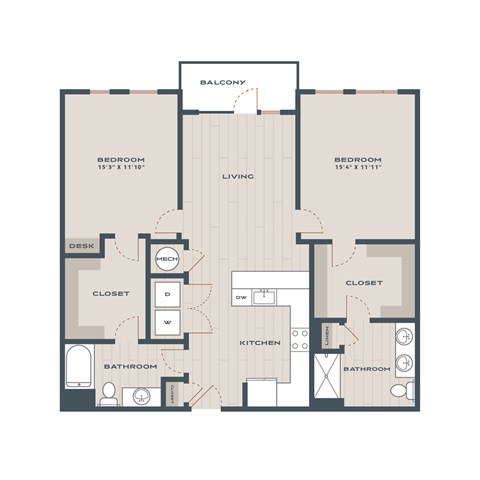 A floor plan of an apartment with two bedrooms, a living room, a kitchen, a bathroom, a closet, a desk, and a heating system.