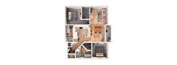 A top-down view of a small apartment with a kitchen, living room, and bedroom.