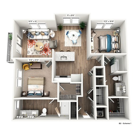 a 3 bedroom floor plan with a bathroom and a living room