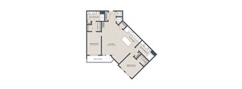 A floor plan of an apartment with a living area, kitchen, and two bedrooms.