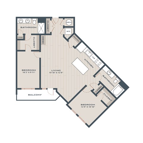 A floor plan of an apartment with a living area, kitchen, and two bedrooms.