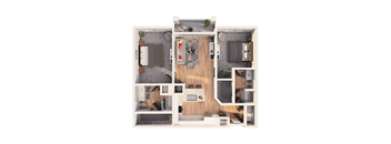 A top-down view of a house layout with a living room, kitchen, dining area, and bedrooms.