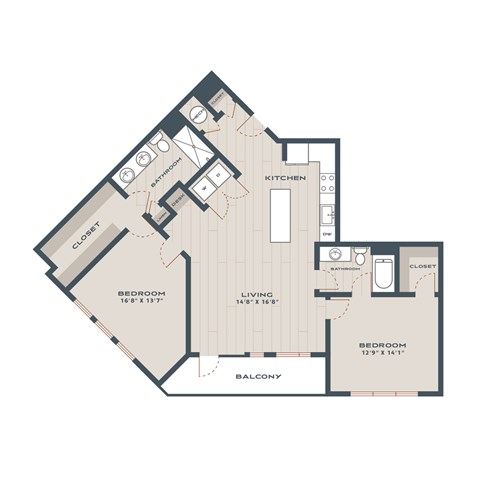 A floor plan of a home with two bedrooms, a living room, a kitchen, a bathroom, a closet, and a clo