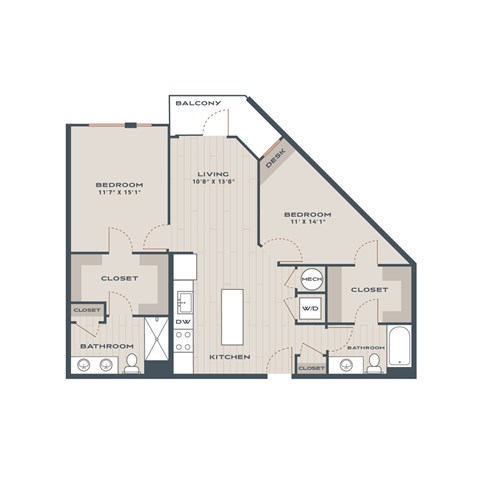 A floor plan of a two-bedroom apartment with a balcony.
