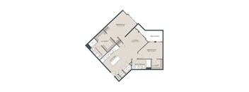 A floor plan of a house with a living room, two bedrooms, a bathroom, a kitchen, a closet, and a balcony.