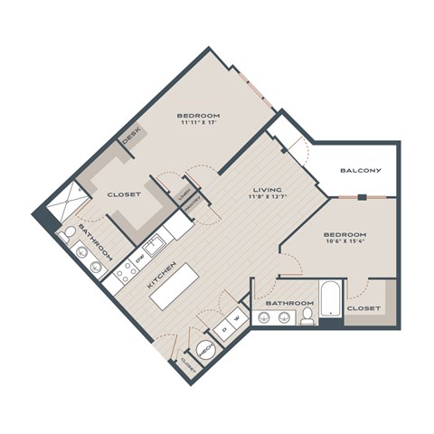 A floor plan of a house with a living room, two bedrooms, a bathroom, a kitchen, a closet, and a balcony.