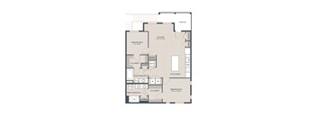 A floor plan of a house with two bedrooms, a living area, a kitchen, a bathroom, and a patio.
