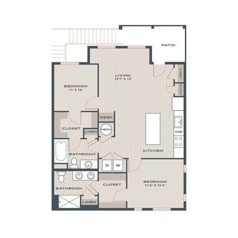 A floor plan of a house with two bedrooms, a living area, a kitchen, a bathroom, and a patio.