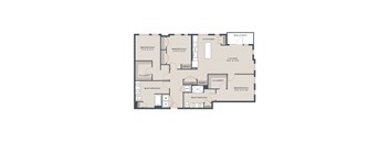 A floor plan of a house with a living room, two bedrooms, two bathrooms, a kitchen, and a balcony.