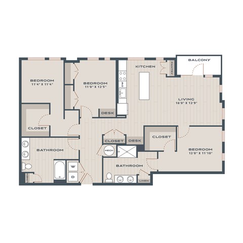 A floor plan of a house with a living room, two bedrooms, two bathrooms, a kitchen, and a balcony.