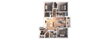 A top-down view of a multi-level apartment layout.