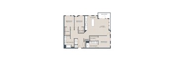 A floor plan of a house with two bedrooms, a bathroom, a kitchen, a living room, a balcony, and a closet.