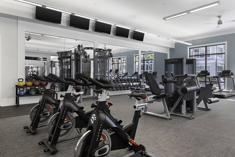 A gym with a row of stationary bikes.