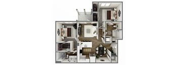 A top-down view of a modern apartment layout.