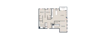 A floor plan of an apartment with two bedrooms, a bathroom, a kitchen, a living room, a balcony, and a closet.