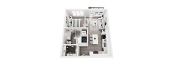 A floor plan of a small apartment with a kitchen, living room, and bathroom.