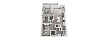 A top-down view of a small apartment layout with a kitchen, living room, and bathroom.