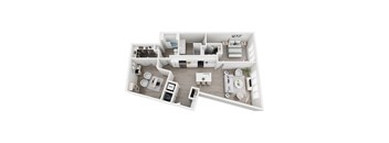 A white floor plan of a house with a kitchen, living room, and bedrooms.