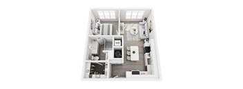 A top-down view of a well-organized apartment with a kitchen, living room, and bathroom.
