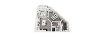 A top down view of a small apartment with a kitchen, living room, and bathroom.