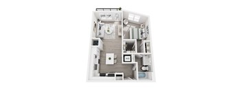 A top-down view of a small, well-organized apartment with a kitchen, living room, and bathroom.