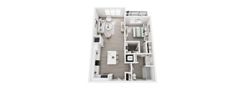 A top-down view of a small, well-organized apartment with a kitchen, living room, and bathroom.