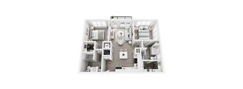 A top-down view of a small, well-organized apartment with a kitchen, living room, and bathroom.