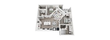 A top-down view of a small apartment with a kitchen, living room, and bathroom.