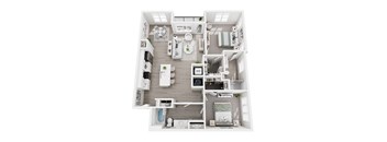A top-down view of a small apartment with a kitchen, living room, and bedroom.