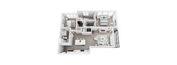 A top-down view of a well-organized apartment with a kitchen, living room, and bedroom.