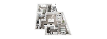 A 3D floor plan of a small apartment with a kitchen, living room, and bedrooms.