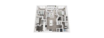A top-down view of a small, well-organized apartment with a kitchen, living room, and bathroom.