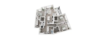 A 3D floor plan of a house with multiple rooms and furniture.