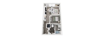 A top down view of a small apartment with a kitchen, living room, and bathroom.