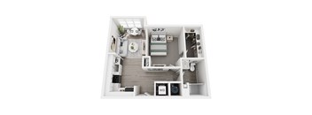 A top-down view of a small apartment with a kitchen, living room, and bedroom.