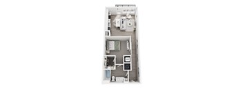 A top-down view of a small apartment with a kitchen, living room, and bathroom.