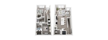 Two images of a small apartment layout with a kitchen, living room, and bathroom.