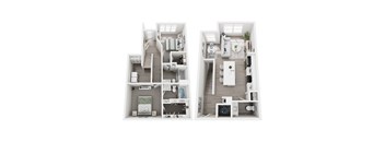 A top-down view of a small apartment with two bedrooms, a living room, and a kitchen.