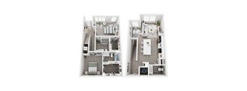 A floor plan of a small apartment with two bedrooms and two bathrooms.