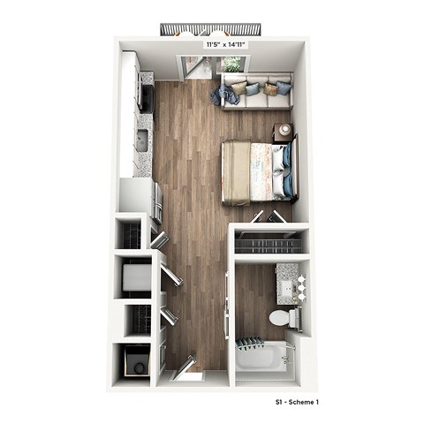 a stylized floor plan with a bedroom and a bathroom
