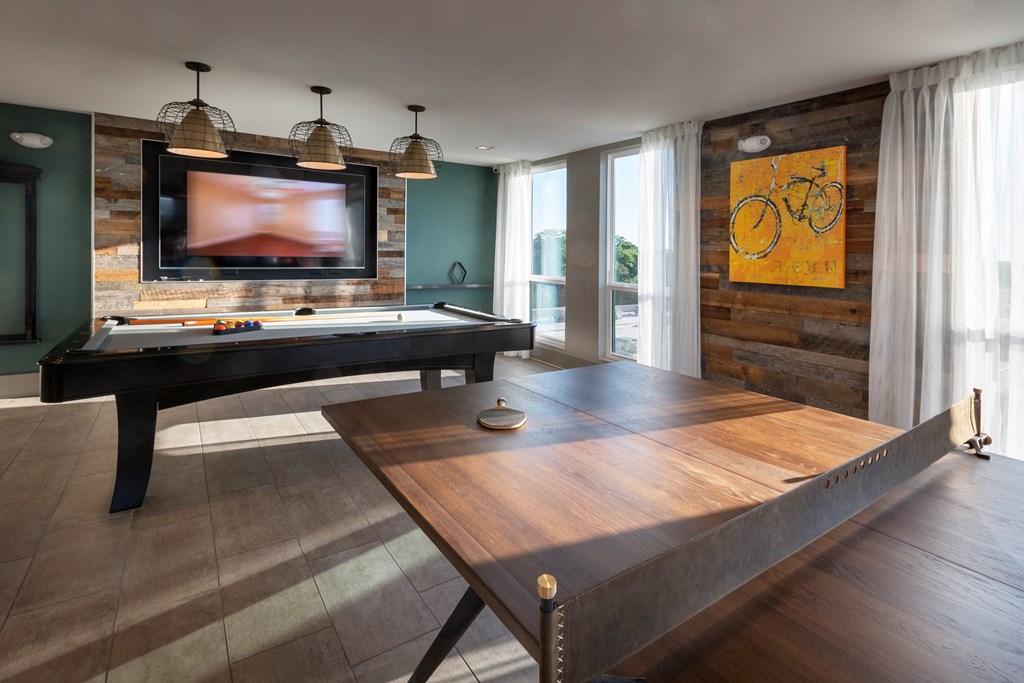 a games room with a pool table and a television