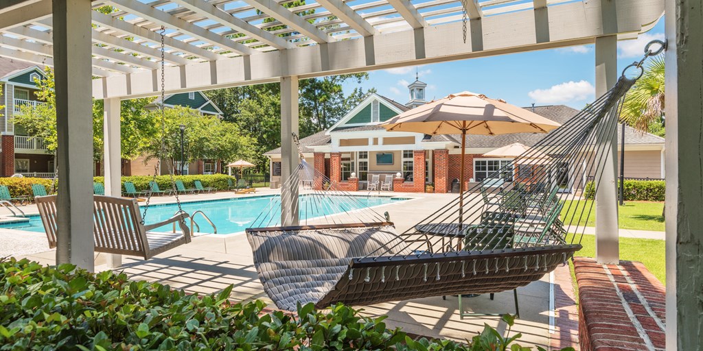 swimming pool, hammock, swing